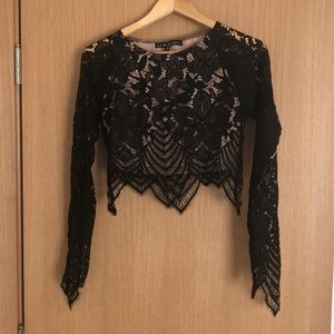 Black lace crop top with nude liner